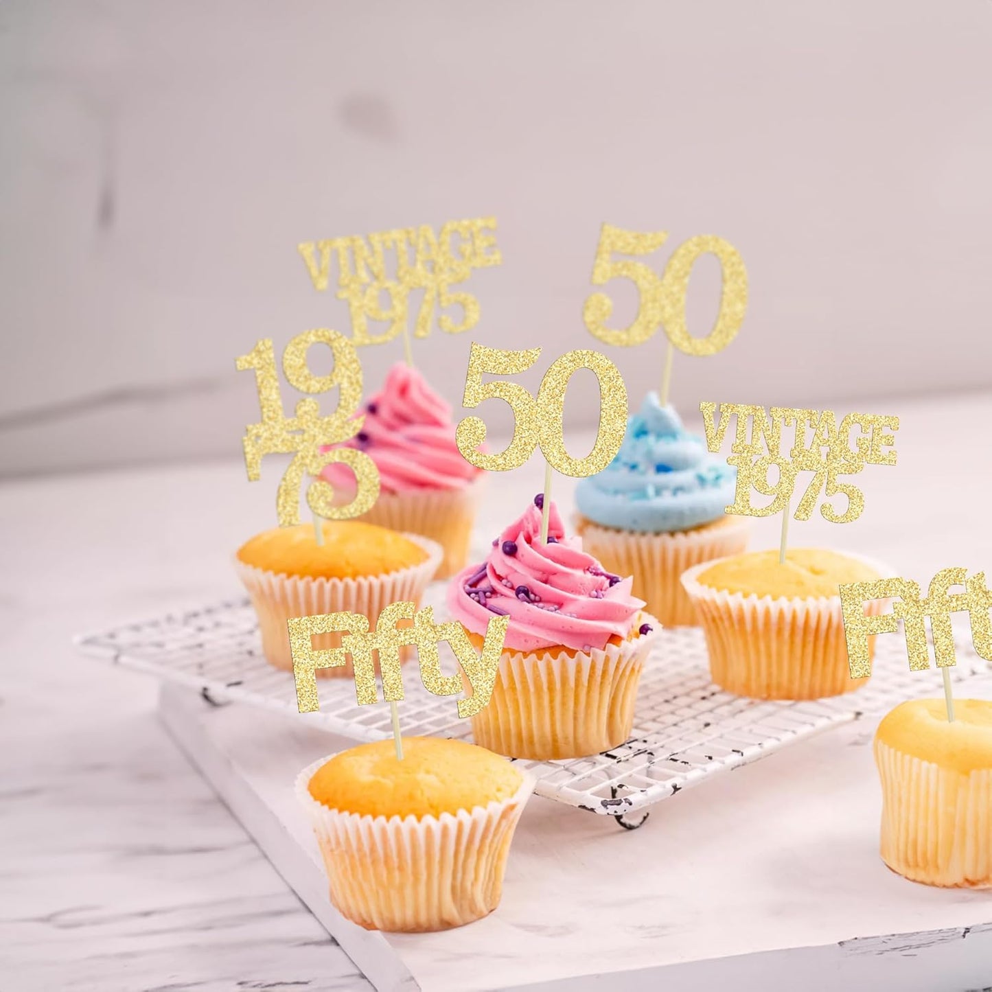 Gyufise 24Pcs 50th Birthday Cupcake Toppers Cheers to 50 Fabulous Fifty Vintage 1975 Cupcake Picks 50th Birthday Wedding Anniversary Party Cake Decorations Supplies Gold
