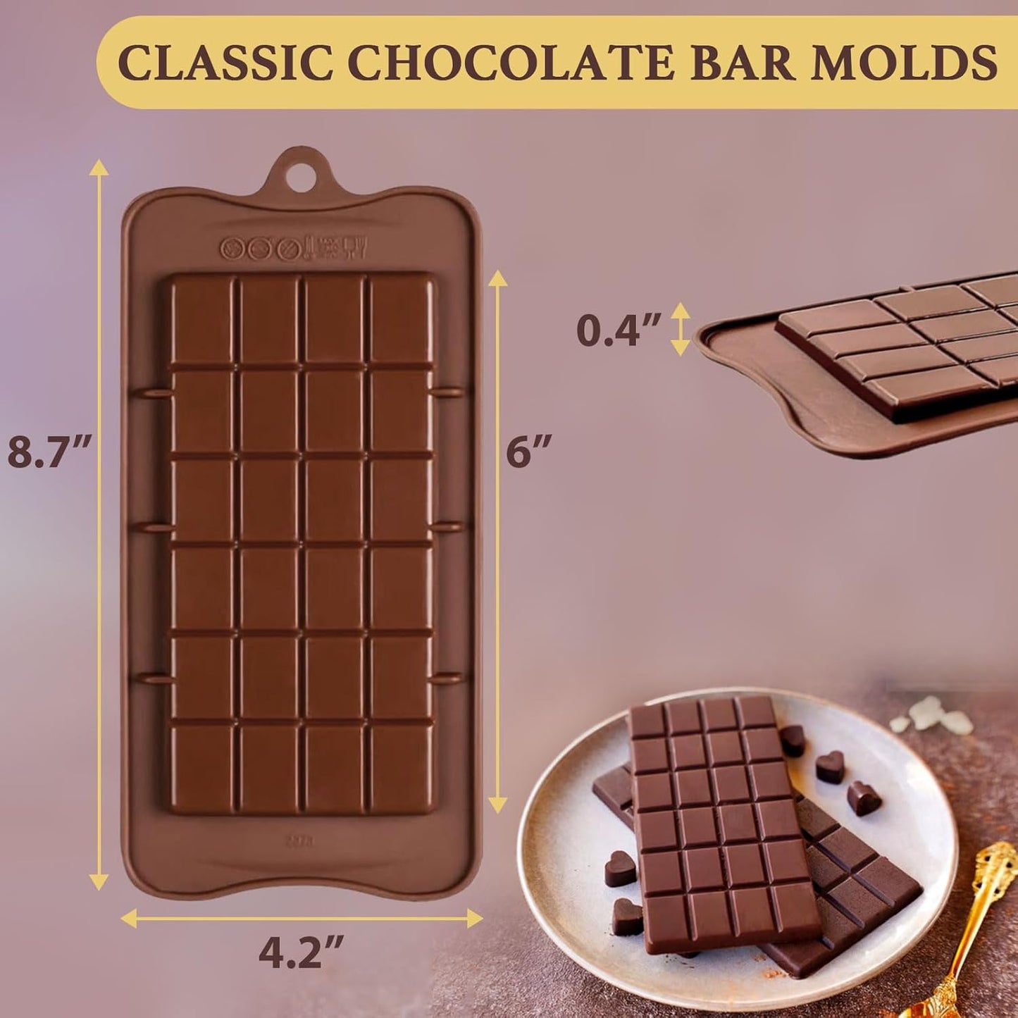 HKNMTT Chocolate Bar Molds Silicone Classic 4 Pack, Snap Candy Bars Making Mould Set, BPA Free Soy Candle Wax Melt Durable Mold Easy Release Non-Stick for Protein and Energy DIY Handmade Gifts