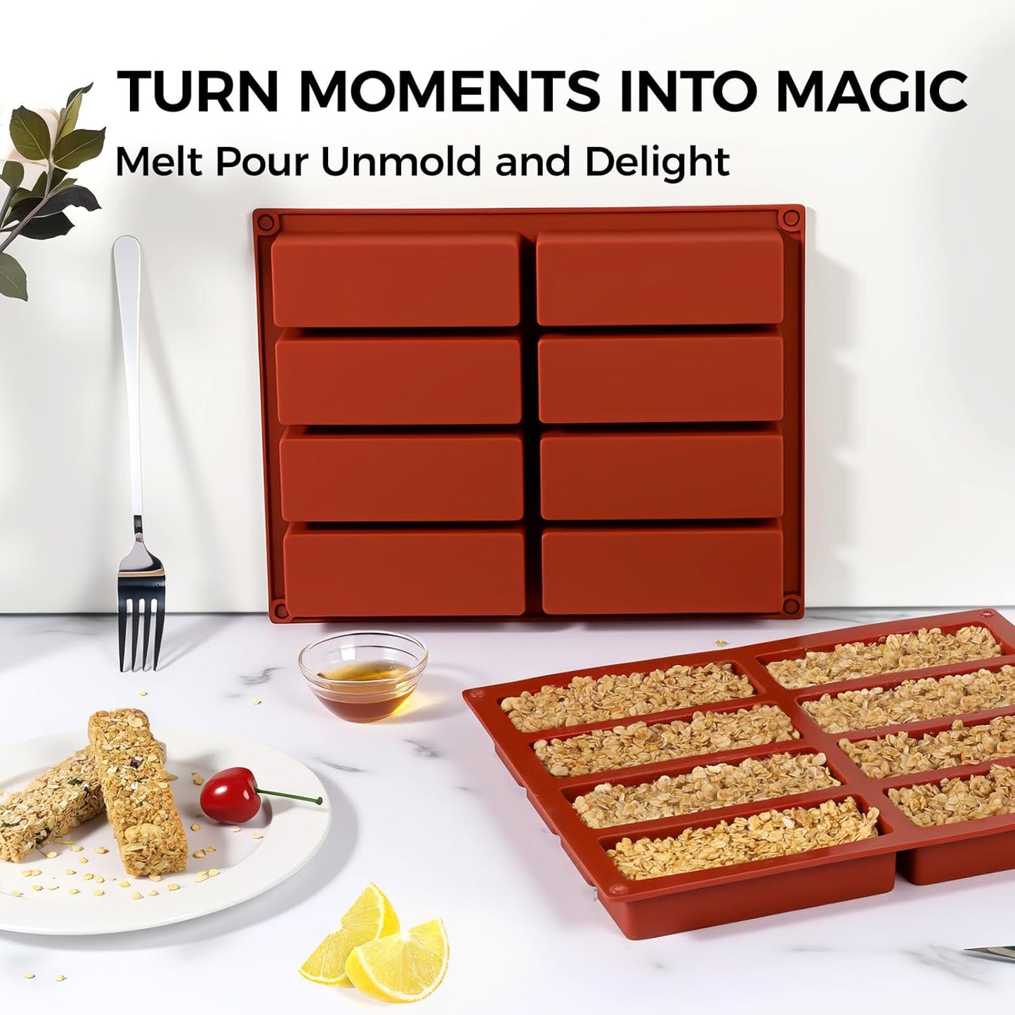 Granola Bar Molds, 8 Cavity Rectangle Granola Bar Silicone Mold for Energy Bars, Cereal, Protein, Brownie, Chocolate & Candy Molds(2 Pcs)