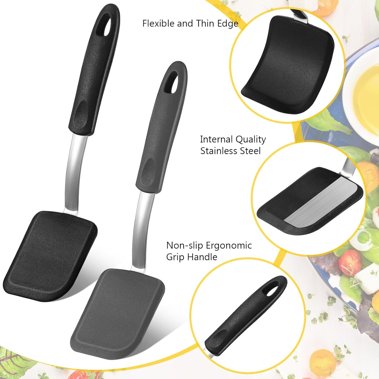 Silicone Cookie Spatula Turner 2 Pack Mini Brownie Spatula Flexible Kitchen Small Silicone Turner for Nonstick Cookware Heat Resistant No Scratch Flipper for Egg Pancake(Black, Grey)