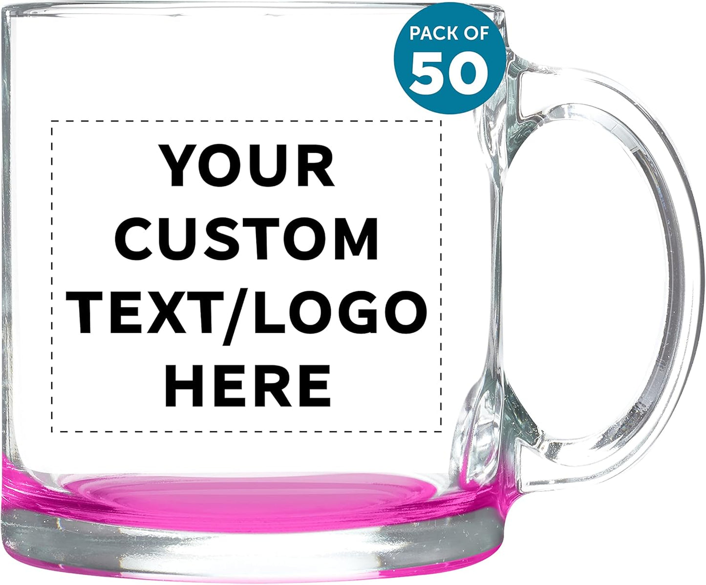Custom Libbey Clear Glass Coffee Mugs 13 oz. Set of 50, Personalized Bulk Pack - Perfect for Coffee, Tea, Espresso, Hot Cocoa, Other Beverages - Pink Bottom