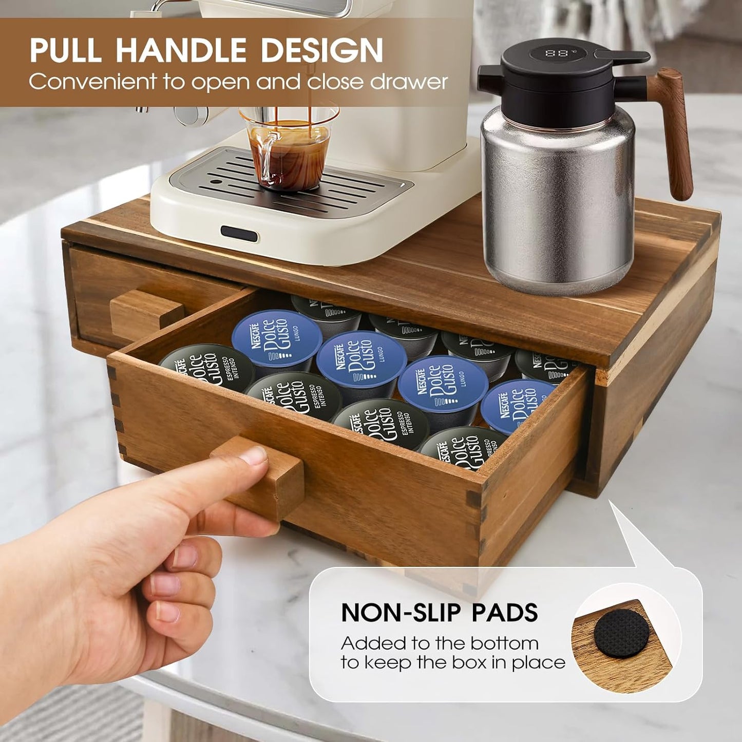 Acacia Wood K Cup Holder，Coffee Pods and Tea Bag Storage Organizer，with Two Drawers Kcup Holders for Counter，Multi-Functional Coffee Maker Stand