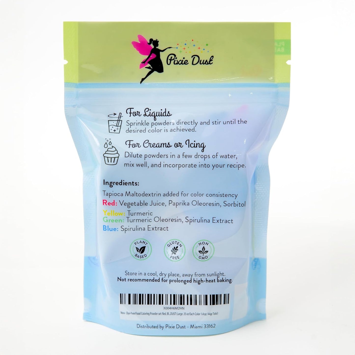 Dye-Free Food Coloring Powder set: Red, Blue, Green and Yellow. Plant-Based/All Natural/Non-Carmine/Non-Annatto/FLAVORLESS by PIXIE DUST (Large .35 oz Each Color 1.4 oz /44gr Total)