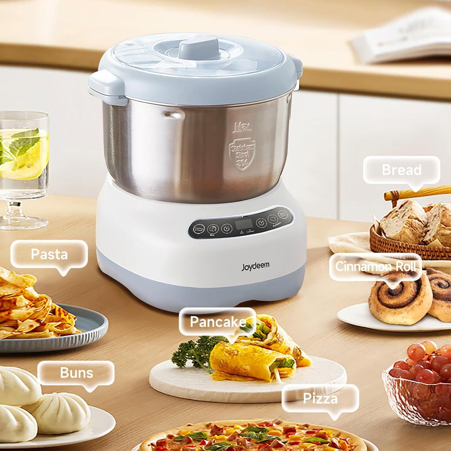 Joydeem Electric Dough Maker with Ferment Function, Microcomputer Timing, Face-up Touch Panel, 6.6Qt, 304 Stainless Steel, JD-HMJ7L