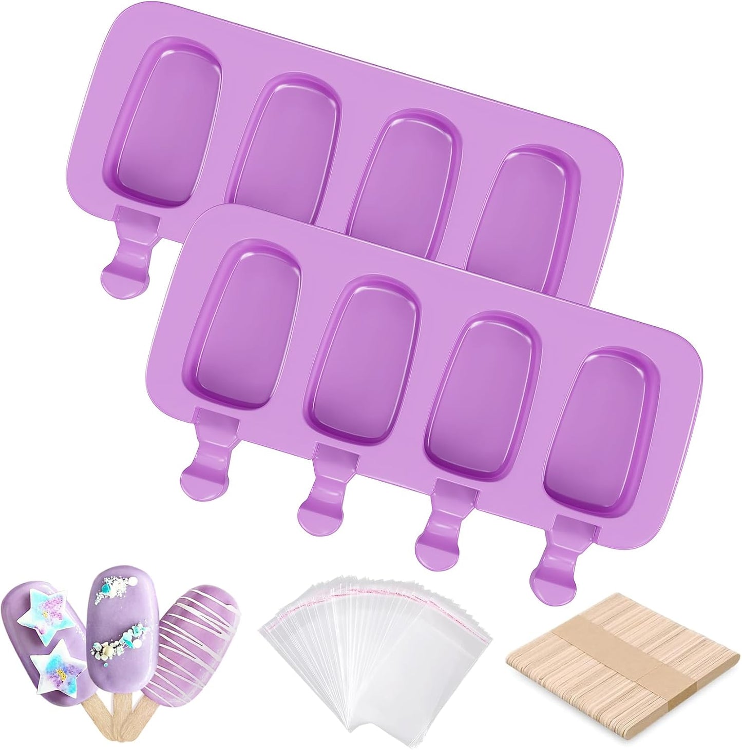 Ouddy Life Popsicle Molds Set of 2, Ice Pop Molds Silicone 4 Cavities Ice Cream Mold Oval Cake Pop Mold with 50 Wooden Sticks for DIY Popsicle (Purple) (Purple)