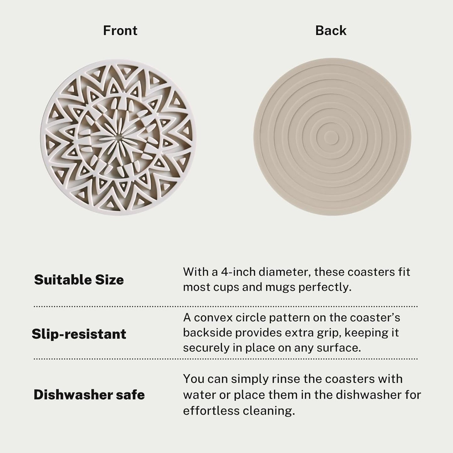 Set of 6 Light Taupe Silicone Coasters with Holder, Drink Coasters with Tribal Pattern Shape- for Table Protection, Anti Slip, Nonstick, Heat Resistant, Deep Tray