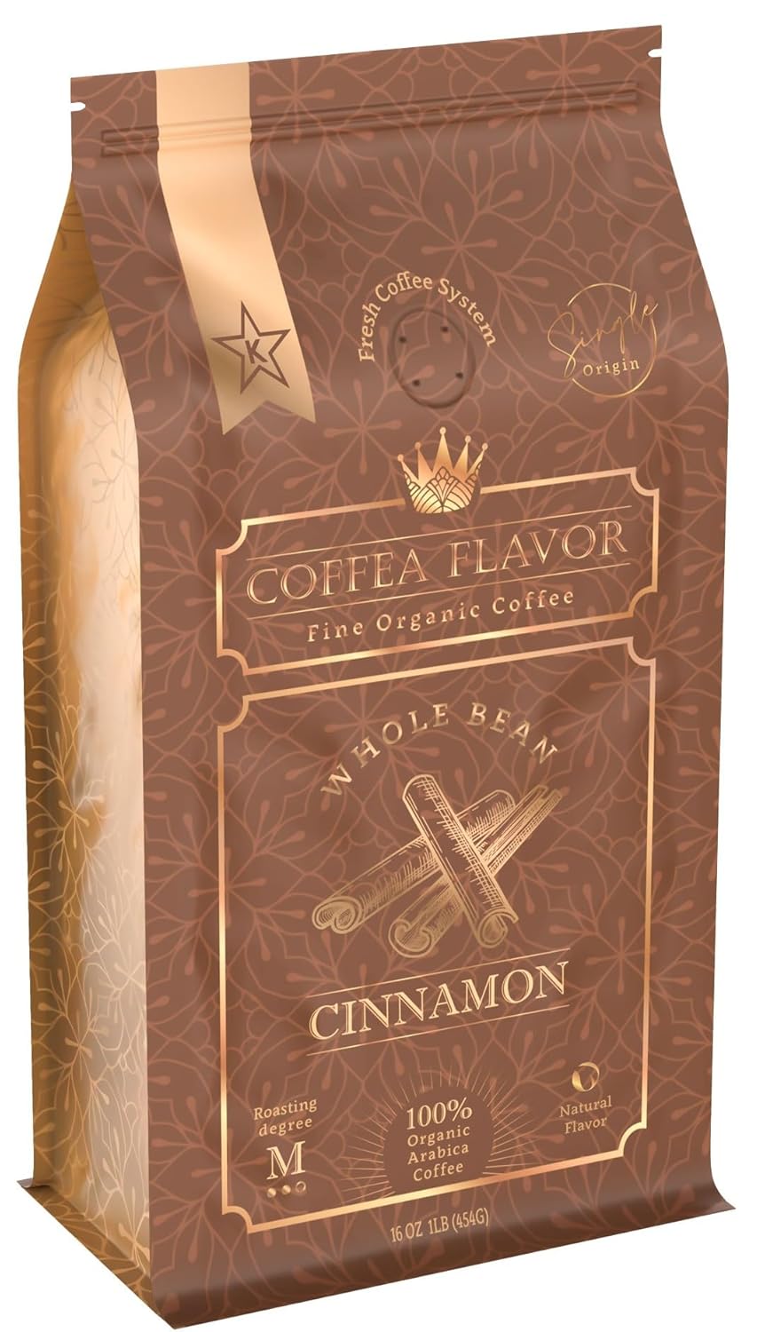 Cinnamon Flavored Whole Bean Coffee – 100% Arabica, Single Origin, Medium Roast, Naturally Sweetened, Warm and Spicy Flavor – by Coffea Flavor