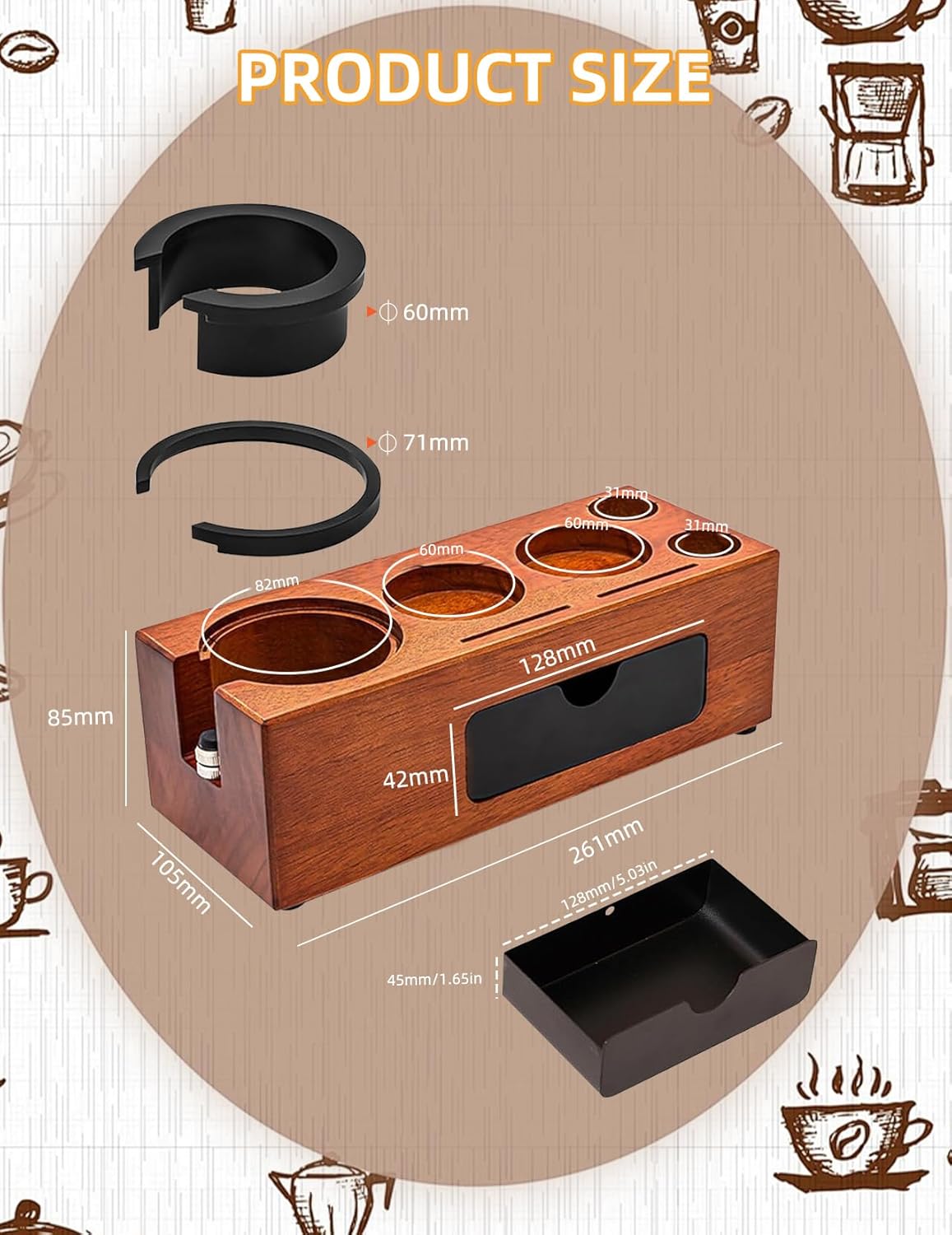 Espresso Tamping Station, Wood Knock Box Drawer Organizer Combo, Compatible with 51-58mm Portafilter and Tamper, for Home Baristas, Coffee Stations, and Espresso Tools Storage