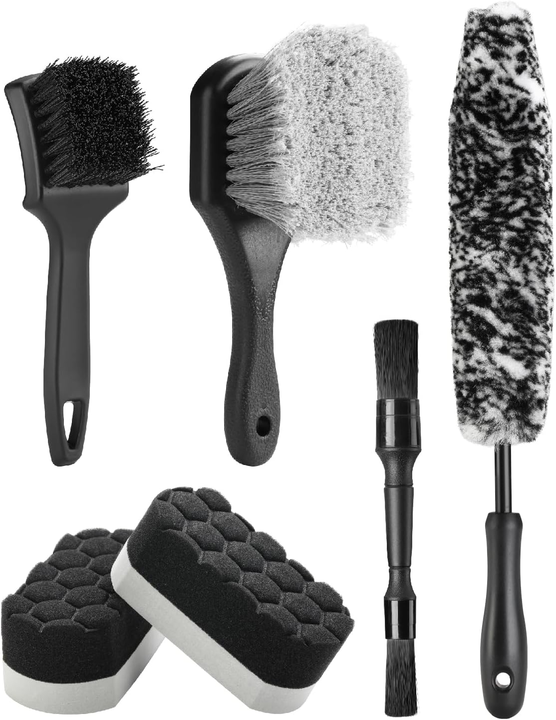 Fantasticlean 6PCS Car Wheel Cleaning Pro Kit, Tire Brush, Soft-bristled Rim Brush, Microfiber Bendable Brush, Double-Ended Detailing Brush, and Detailing Pads, Scratch-Free & Multipurpose