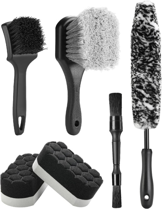 Fantasticlean 6PCS Car Wheel Cleaning Pro Kit, Tire Brush, Soft-bristled Rim Brush, Microfiber Bendable Brush, Double-Ended Detailing Brush, and Detailing Pads, Scratch-Free & Multipurpose