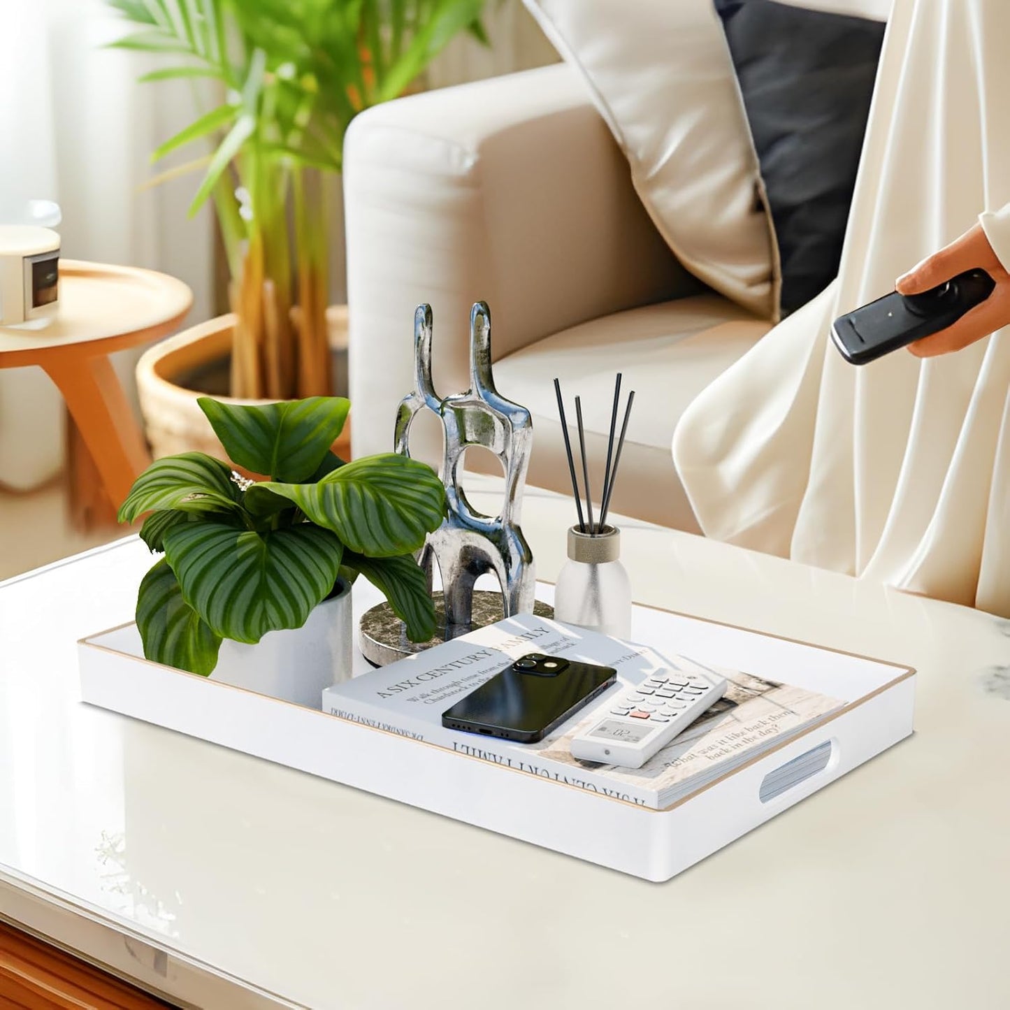 MAONAME White Decorative Tray for Coffee Table, Modern Serving Tray with Handles, Plastic Rectangular Tea Tray for Ottoman, Bathroom Decor, 15.8” X 10.2” x1.4