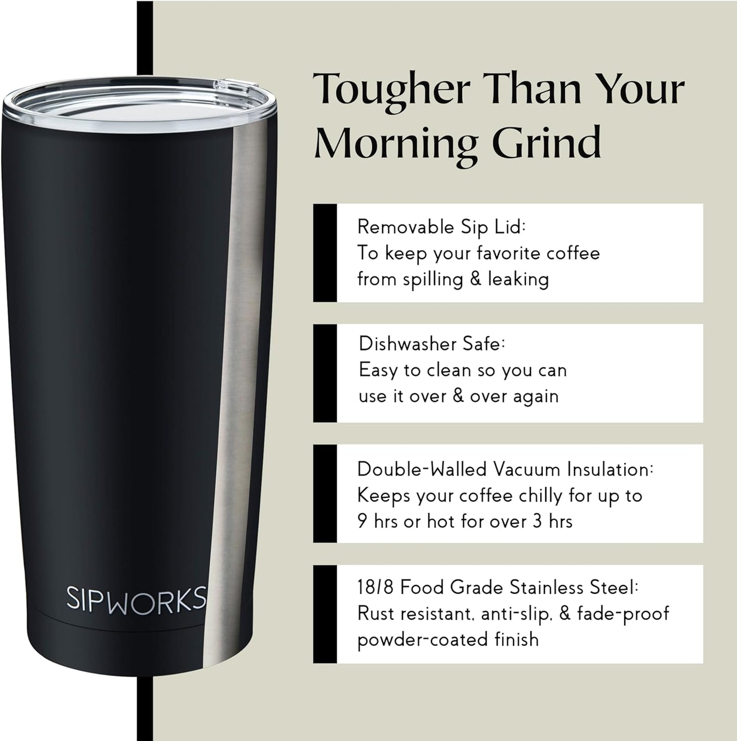 Stainless Steel Coffee Tumblers with Lids - 20z Double Walled Vacuum Insulated for Hot & Cold Drinks - Spill Resistant Travel Tumbler - Midnight Black