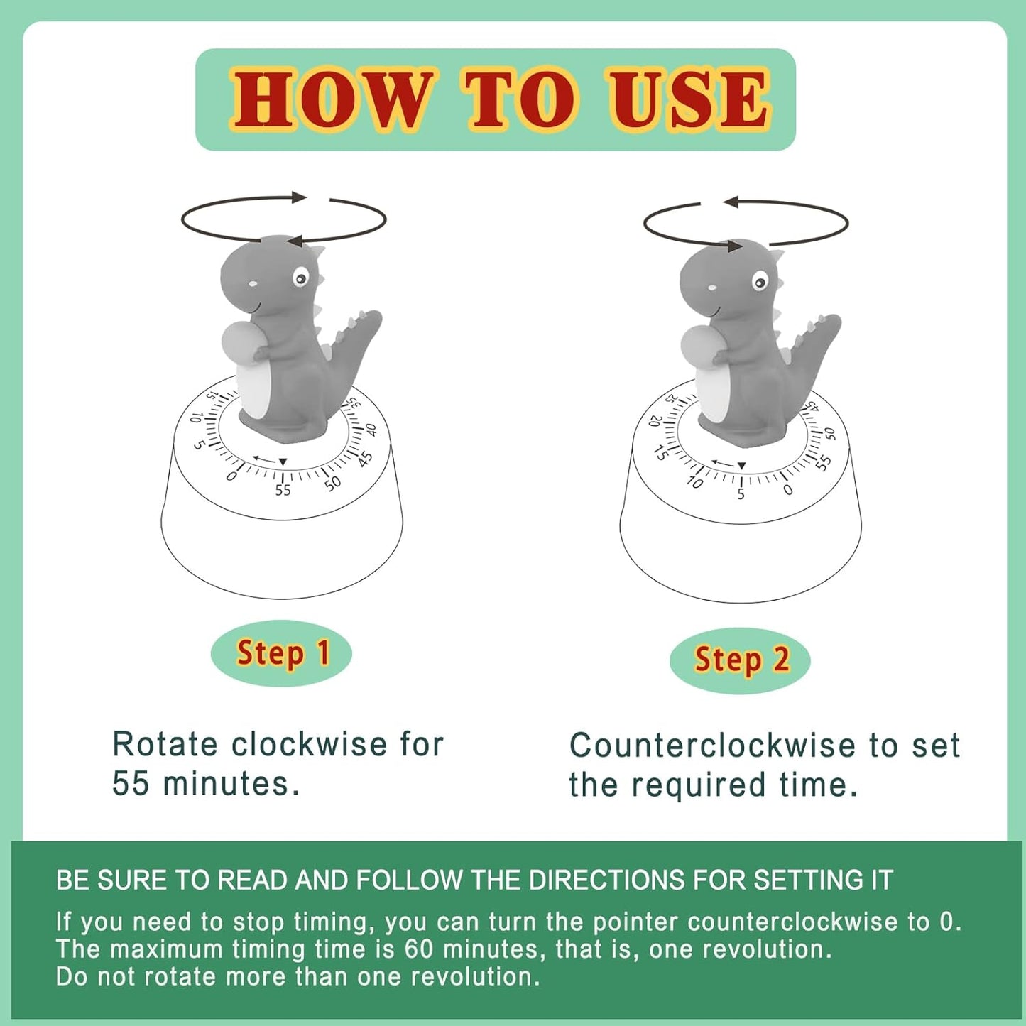 60 Minutes Mechanical Kitchen Timer,Cute Dinosaur Timer for Kids,Wind Up Egg Timer for Cooking,Reading,Classroom and Do Sports. (Light Green)