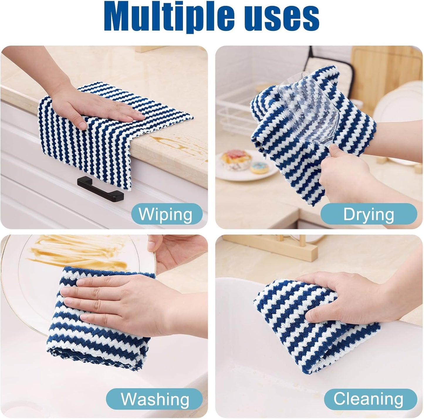 Homaxy 24 Pack Kitchen Dish Cloths, Ultra Soft and Absorbent Dish Towels, Reusable Fast Drying Microfiber Cleaning Cloth, Coral Velvet Wave Design No-lint, 10 x 10 inches, Navy Blue