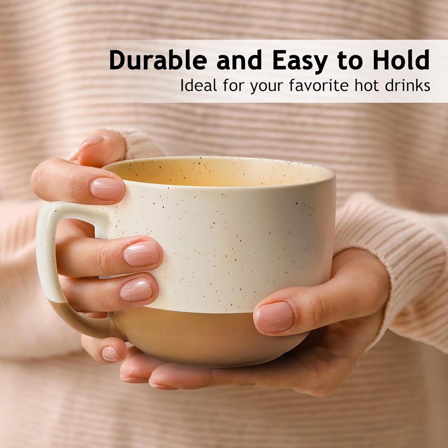 MIAMIO – 15 Ounce, Set of 4 Ceramic Latte Mug – Elegant Modern Coffee Mug Set for Cafe, Latte, Tea, Hot Cocoa - Drinks Dishwasher & Microwave Safe – Aura Collection (Cozy Neutral, Coffee Mug(4x))