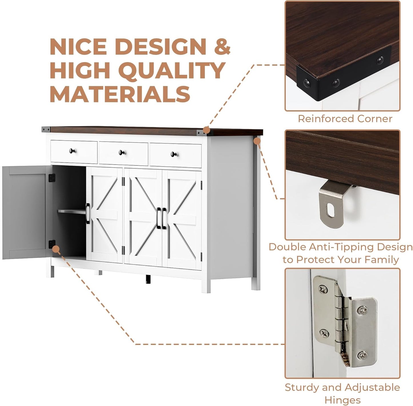 63" Sideboard Buffet Cabinet with Storage, Coffee Bar Cabinet with 3 Drawers and 4 Barn Doors, Long Wider Storage Cabinet Modern Farmhouse, White Wood, for Kitchen, Dining Room, Living Room