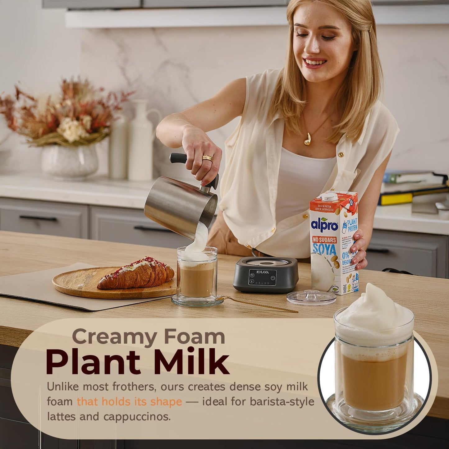 KHAVA 5-in-1 Electric Milk Frother and Steamer, Hot Cold Foam Maker & Milk Heater, Automatic Milk Warmer for Coffee, Latte, Hot Chocolate, 17oz Stainless Steel Pitcher Detachable for Dishwasher Safe