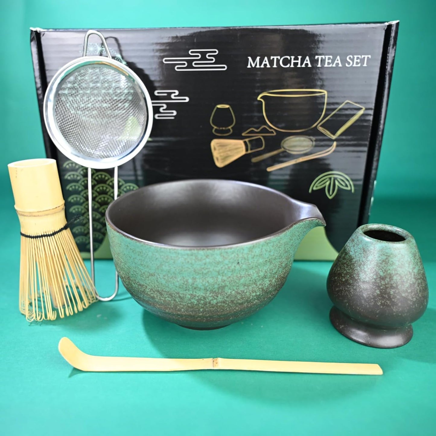 Matcha Whisk Set,Matcha Set Includes Ceramic Bowl with Spout,Stainless Sifter,Scoop,Whisk and Holder,Complete 5 Pcs Japanese Matcha Kit Making Tools,Green