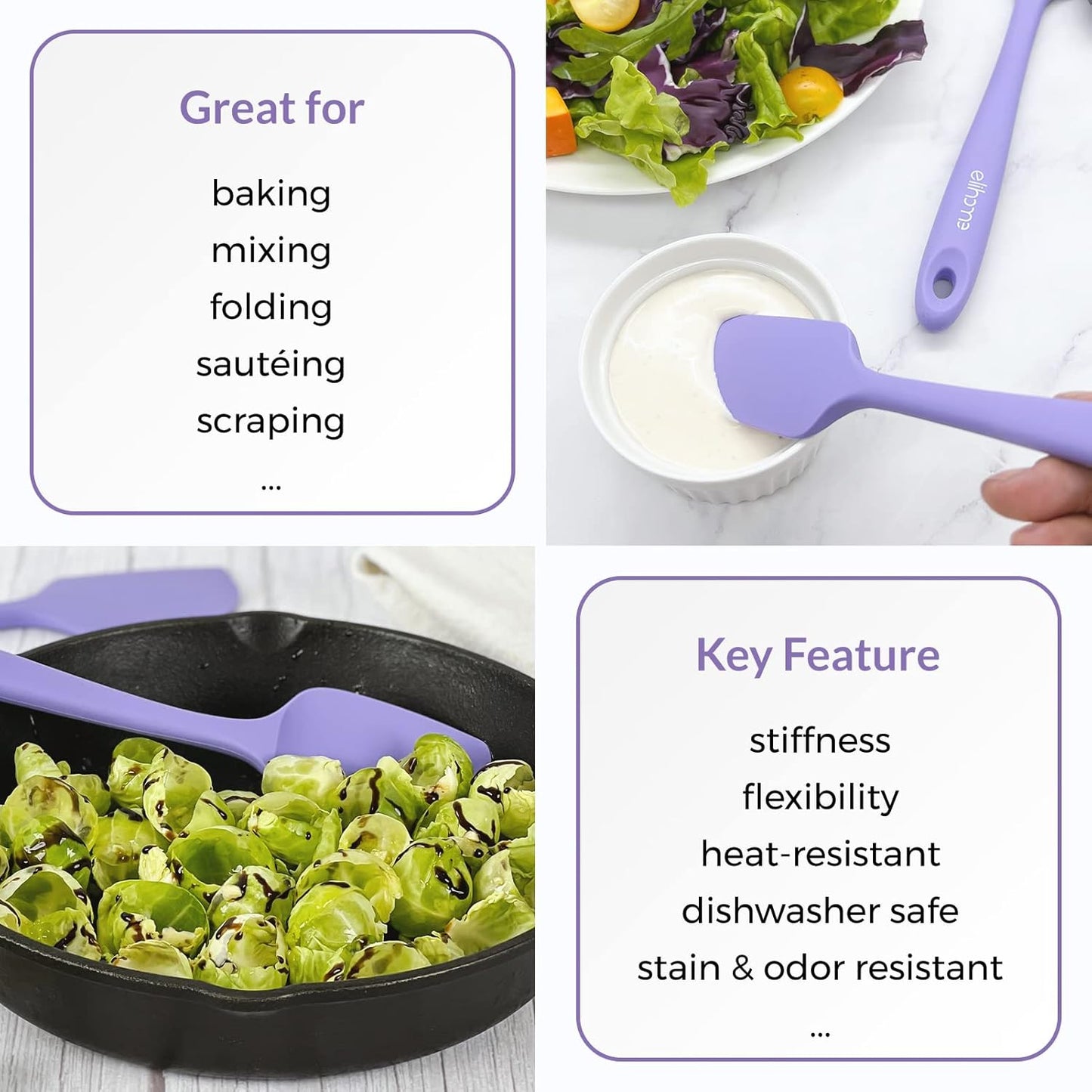 Elihome Chef Series 3 Piece Silicone Spatula Set - 600°F Heat Resistant Non Stick Rubber Kitchen Scraper Spatulas for Cooking, Baking, and Mixing – BPA Free and LFGB Certified Silicone, Purple Color