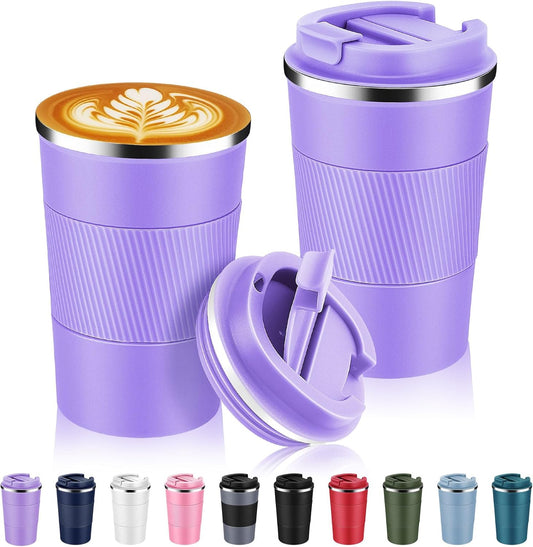 Volhoply 13 oz Stainless Steel Insulated Travel Coffee Mug with Fip Lid Bulk 2 Pack,Reusable Double Wall Vacuum Metal Coffee Cup,Portable Leak Proof Thermal Tumbler for Hot & Cold Drinks(Purple,2)