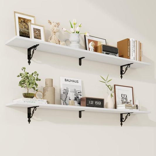 RICHFOCUS Floating Shelves for Wall Decor, 55.1W x 8D Shelves Set of 2, 8 Inch Deep Rustic Wood Shelves Wall Mounted with Brackets, Long Floating Shelves for Living Room Bedroom Kitchen, White