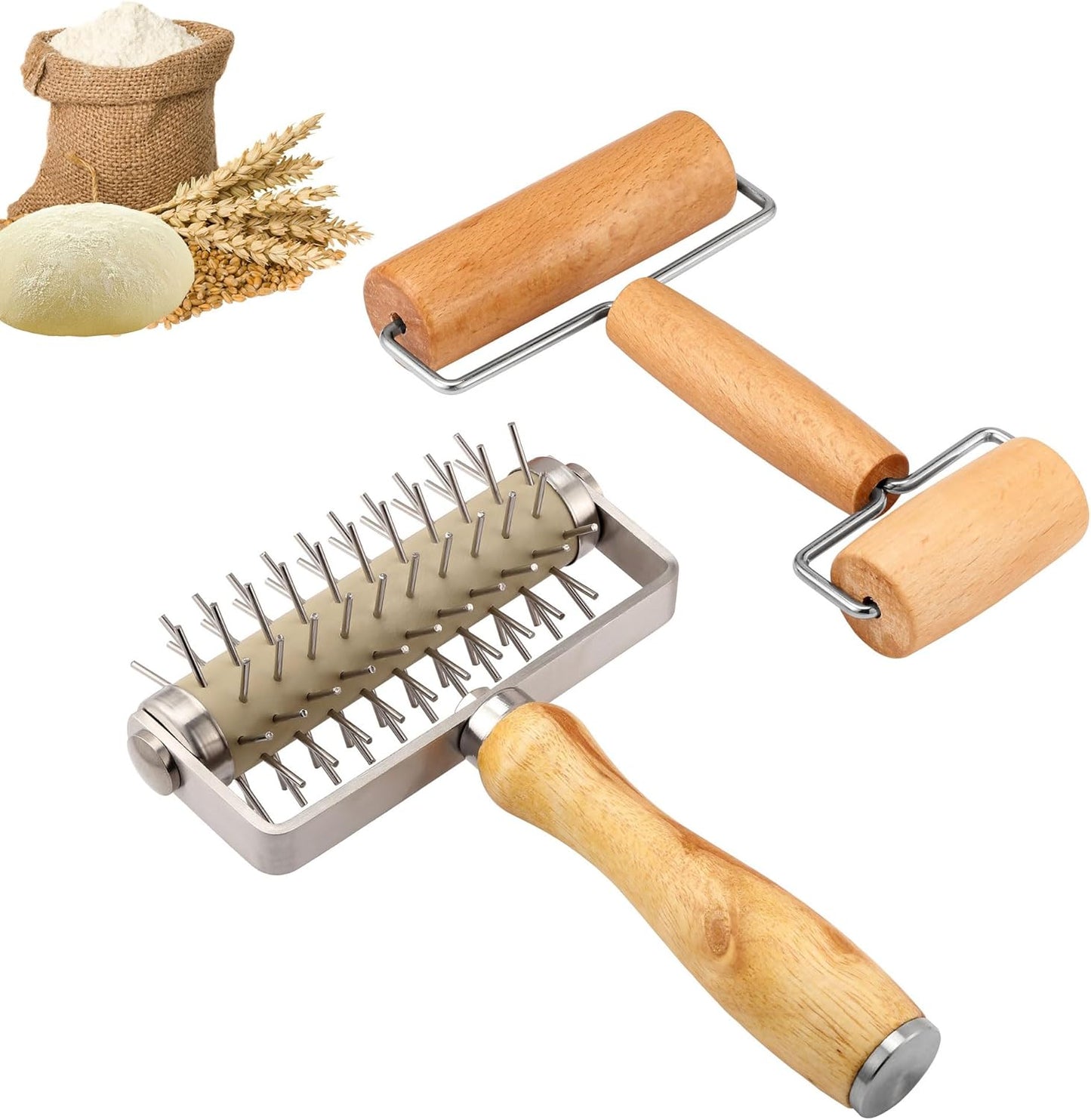 2Pcs Pizza Dough Roller & Dough Docker, Wood Rolling Pin Stainless Steel Dough Hole Puncher for Pizza, Pie, Pastry, Bread, Pasta, Cookie, Crust