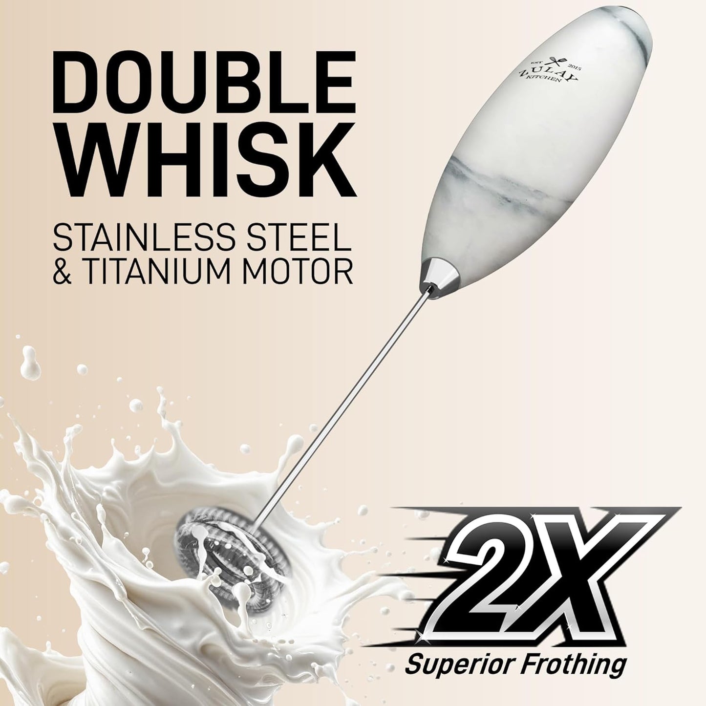 Zulay Kitchen Powerful Double Whisk Milk Frother Handheld - Foam Maker With Stand - Whisk Drink Mixer for Coffee, Mini Foamer for Latte, Matcha, Frappe, Hot Chocolate & Cappuccino (Crystal Quartz)