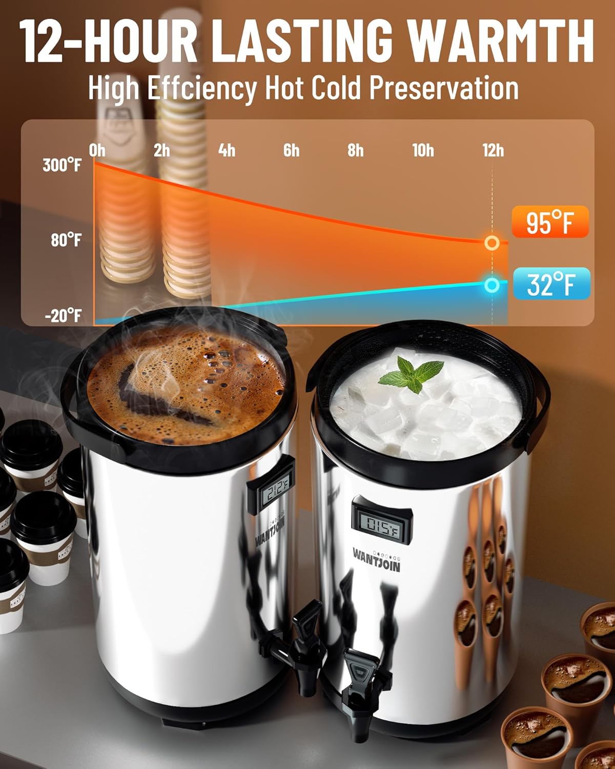 WantJoin 2 Pack Insulated Beverage Dispenser-75 Cup Hot&Cold water Urn for Catering-Stainless Steel Premium 12 L/3.2 Gallon Hot Drink Dispenser with Spigot for Coffee & Hot tea,Cold Milk,Water,Juice