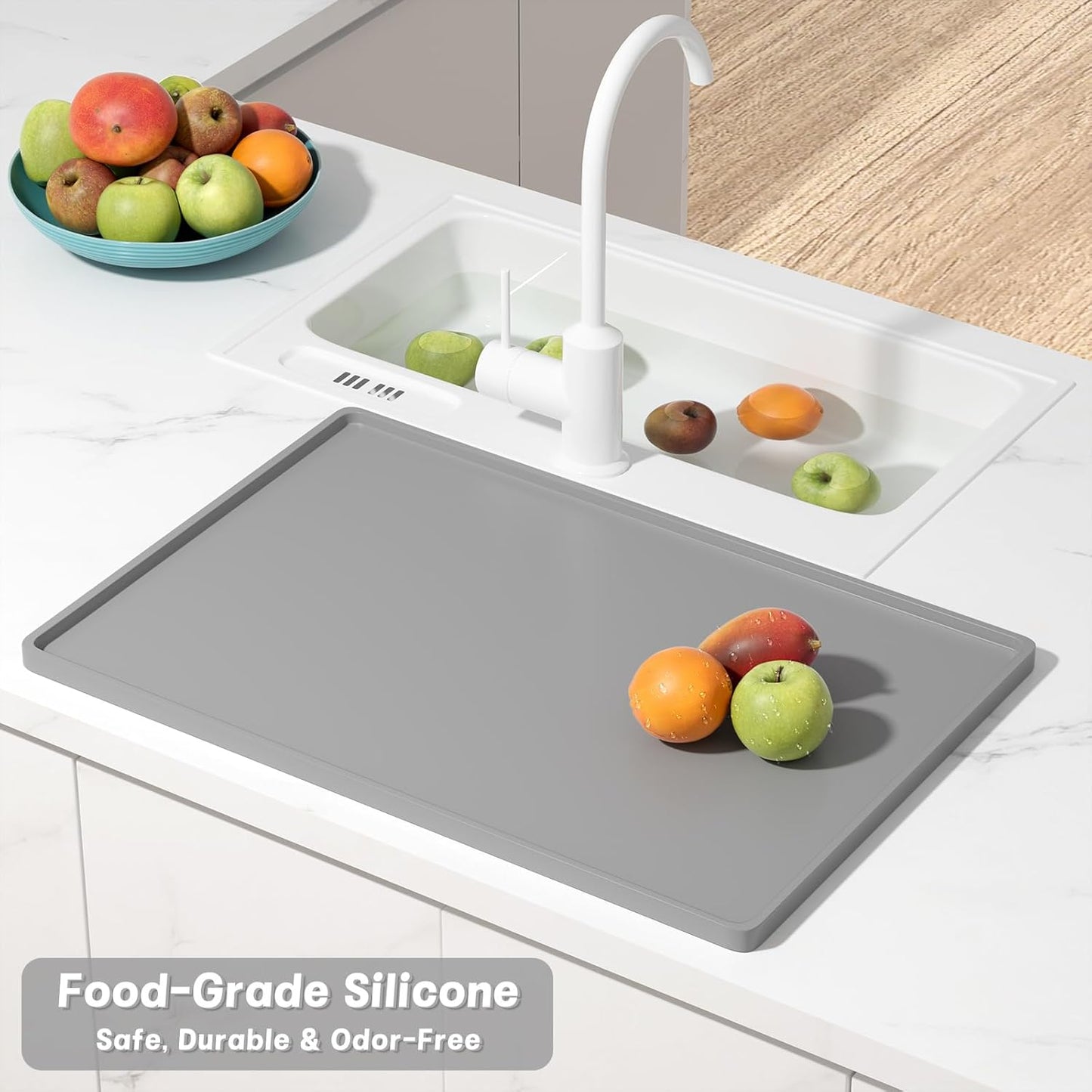 Rnivvi Silicone Coffee Mat, 16" x 24" Waterproof Raised Edge Coffee Bar Mats for Espresso Machine Station Accessories, Heat Resistant Dish Drying Pad for Kitchen Counter, Rubber Bar Decor Pad, Gray