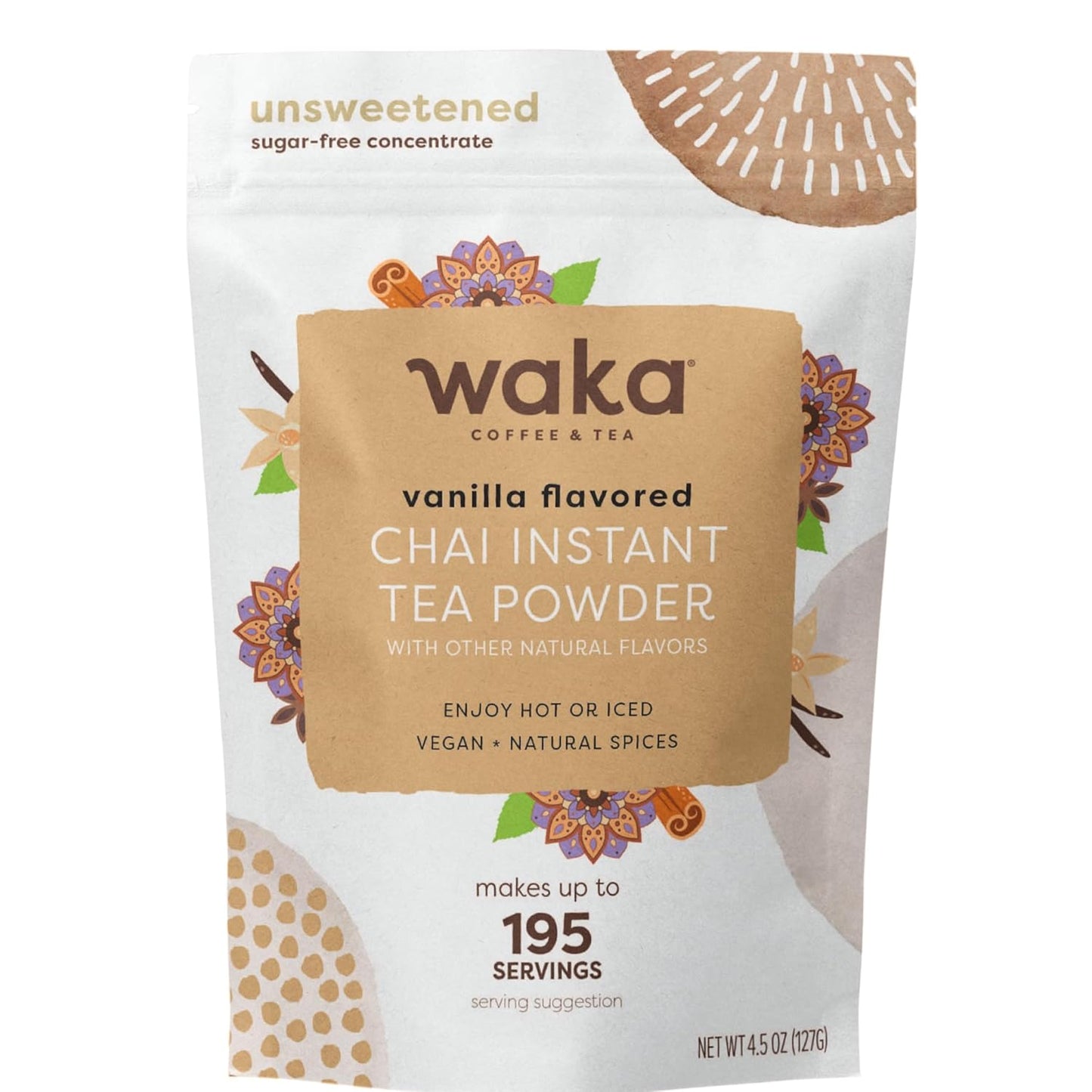 Waka Vanilla Chai Tea Mix - 100% Tea Leaves from India, Natural Spices, Unsweetened Tea Powder - No Sugar, No Additives, Up to 195 Cups (4.5oz Pouch, 195 Servings)
