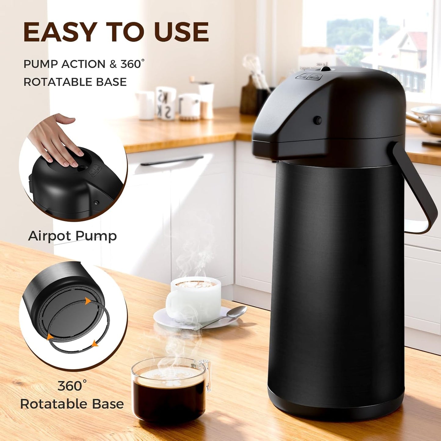 Coffee Carafe for Keeping Hot - 102OZ / 3L Airpot Coffee Dispenser with Pump - Large Coffee Thermos for Hot Drinks Tea Liquid - Insulated Stainless Steel Hot Water Beverage Dispenser for Parties,Black