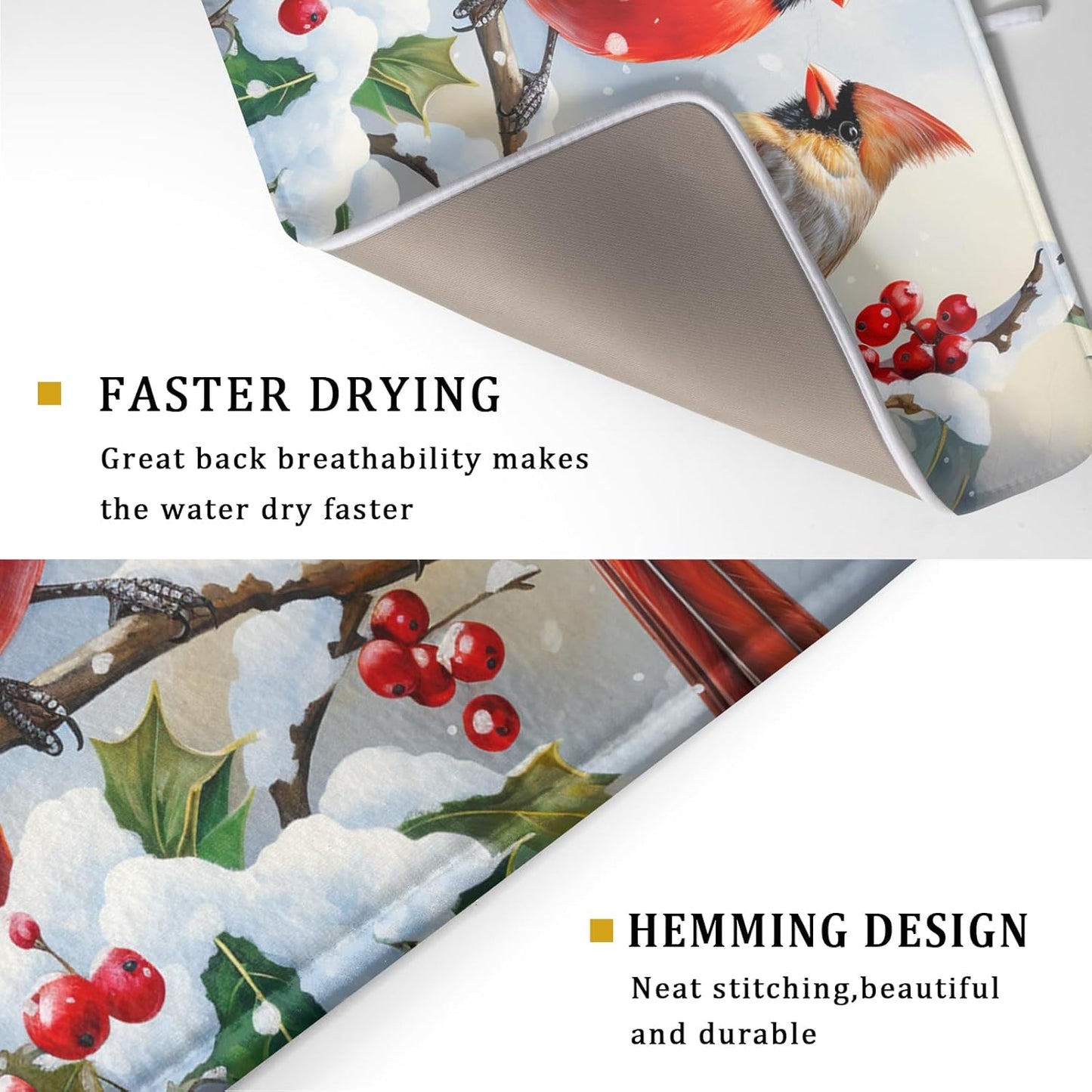 Winter Cardinals Dish Drying Mat for Kitchen Counter - Absorbent Reversible Microfiber Pad, Drainer Rack for Coffee Bar, 18x24 Inch, Red