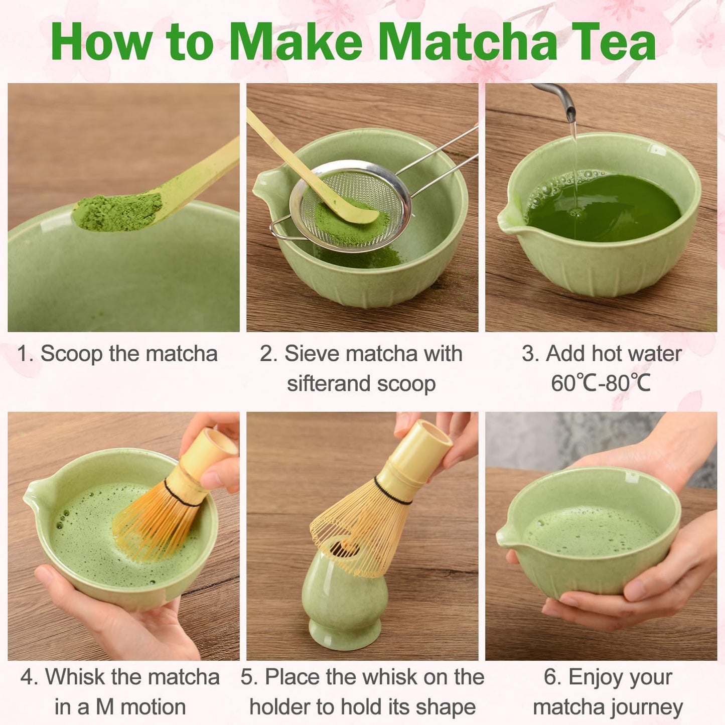 MONOJOY Matcha Whisk Set Ceramic Bowl Kit with Spout, Bamboo Chasen and Holder, Scoop Rest,Sifter Tea Towel Ceremonial Cute Matcha Tea Making Tool,Gift Perfect for Latte Lovers | Beginners,7pcs