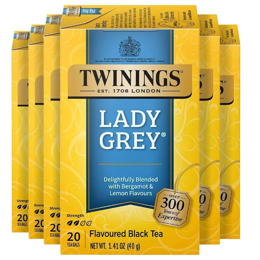 Twinings Lady Grey Black Tea Individually Wrapped Bags, 20 Count (Pack of 6), Orange & Lemon Peel with a Hint of Bergamot, Caffeinated, Enjoy Hot or Iced, 120 Teabags