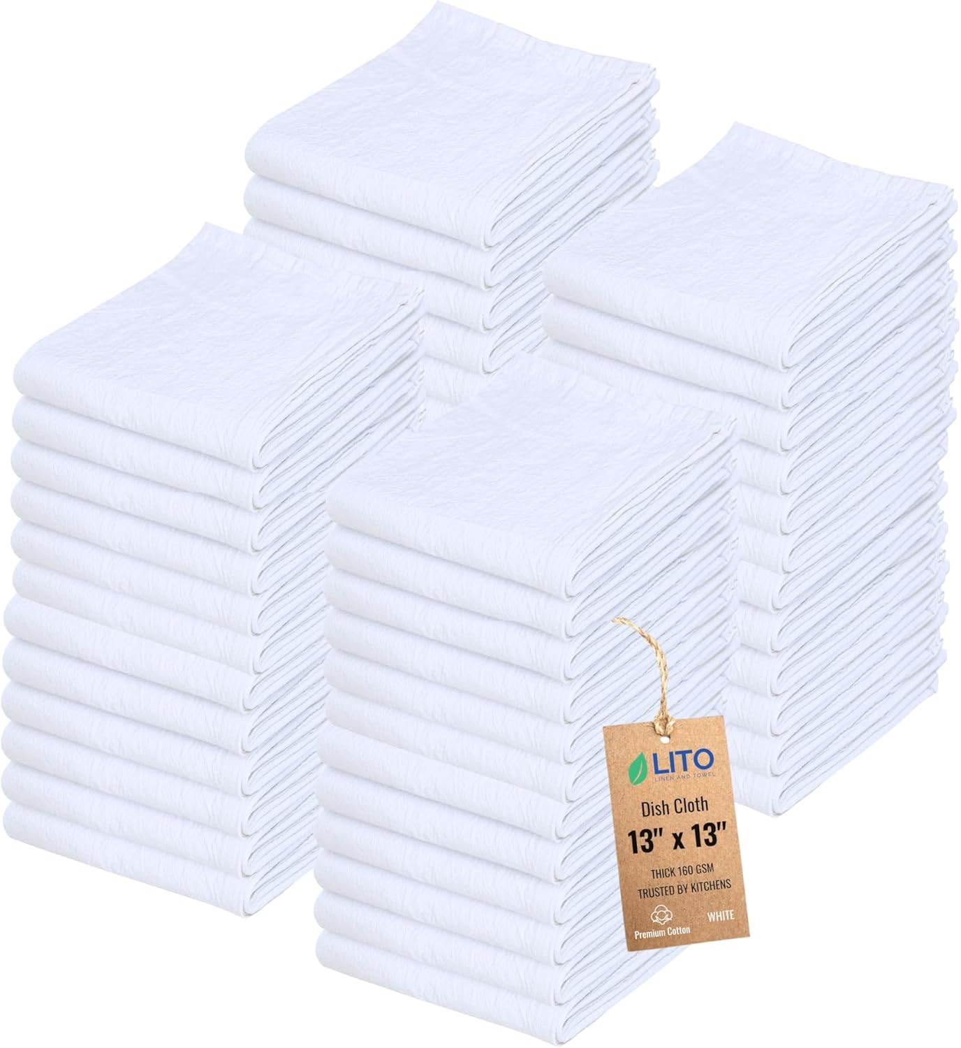 Dish Cloths Cotton| Kitchen Wash Cloth | Shop Towels Absorbent and Lint Free Flour Sack| Dishcloths for Kitchen Washing Dishes| Thick Absorbent Quick Dry Dish Rags | 50 Pack 13"x13" White