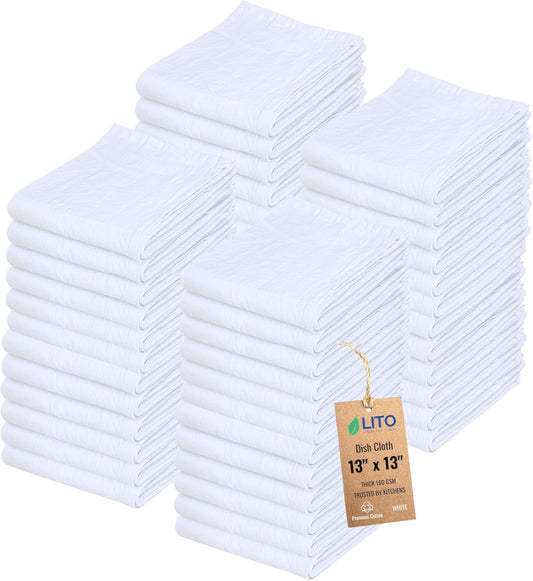 Dish Cloths Cotton| Kitchen Wash Cloth | Shop Towels Absorbent and Lint Free Flour Sack| Dishcloths for Kitchen Washing Dishes| Thick Absorbent Quick Dry Dish Rags | 50 Pack 13"x13" White