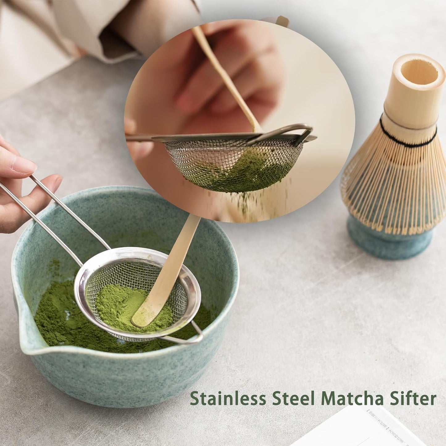 Matcha Set, Matcha Whisk Set Includes Matcha Bowl, Matcha Whisk Holder, Bamboo Matcha Whisk, Scoop and Matcha Sifter, 17 oz Mottled Blue Glaze Ceramic Matcha Kit for Tea Lovers