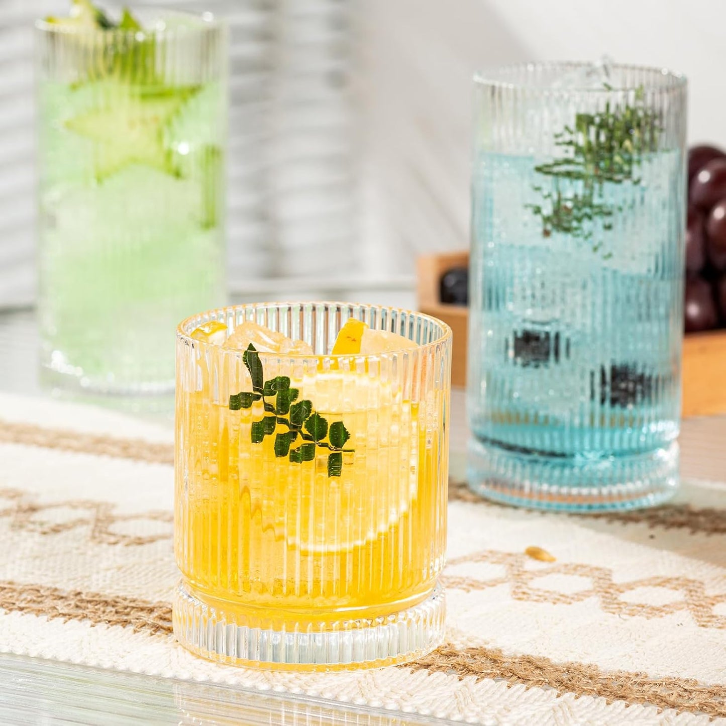 Ribbed Glass Cups Set, 390ml Vintage Drinking Glassware Set of 4, Cocktail Glasses, Low Ball Ribbed Glassware, Mixed Glassware Set, Premium Whiskey Glasses, Ideal for House of Glass