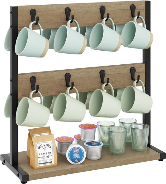 IBUYKE Wood Coffee Mug Holder for Countertop,16 Hook Mug Tree Holder Rack with Storage Base,Mug Display Organizer,Mug Holders for Home Kitchen,Greige UTBJ001Y