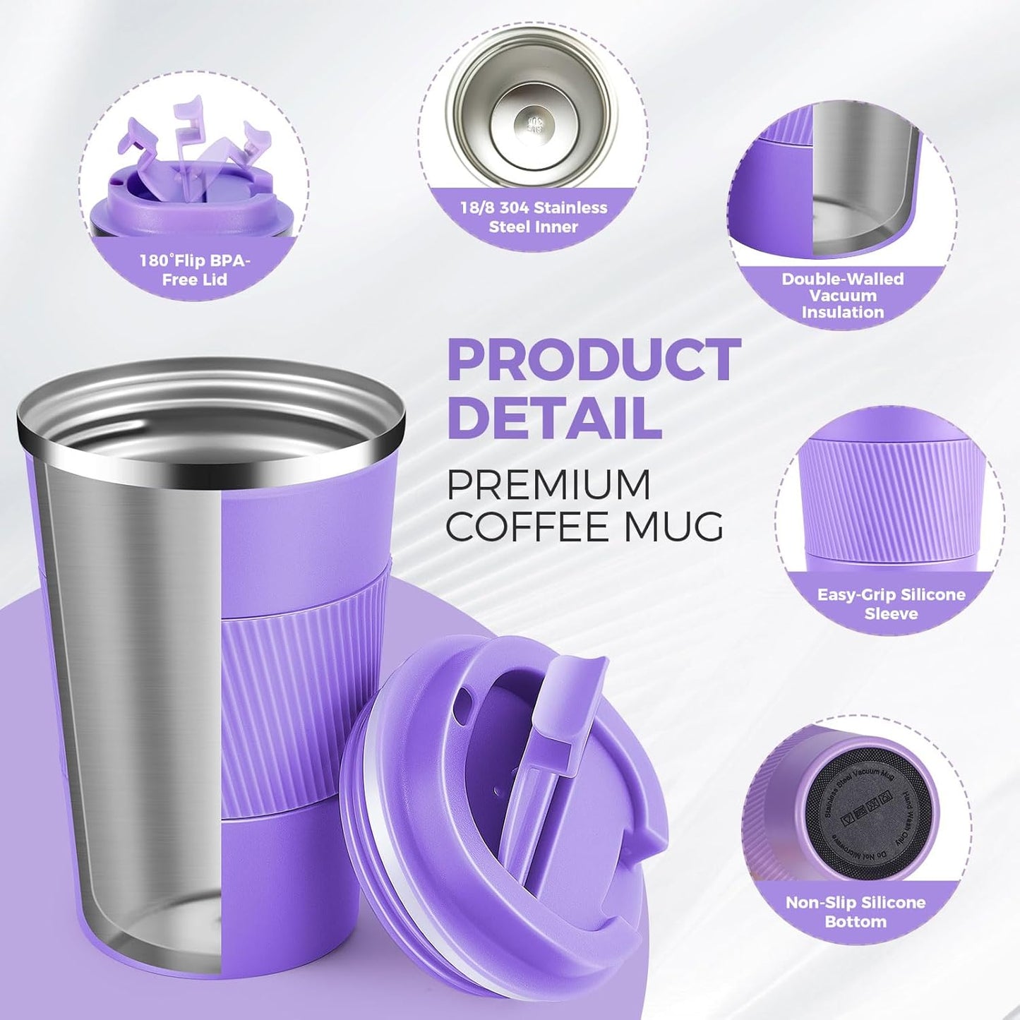 Volhoply 13 oz Stainless Steel Insulated Travel Coffee Mug with Fip Lid,Reusable Double Wall Vacuum Metal Coffee Cup,Portable to Go Leak Proof Cafe Thermal Tumbler for Hot & Cold Drinks(Purple,1)