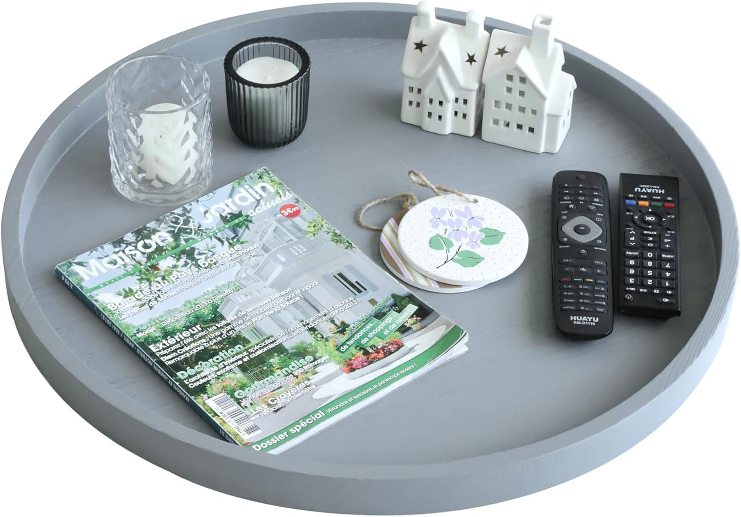 Round Ottoman Table Tray Round-24 - Rustic Wooden Serving Tray for Farmhouse Decorative Oversized Coffee Table Trays Living Room Kitchen Counter Breakfast Grey