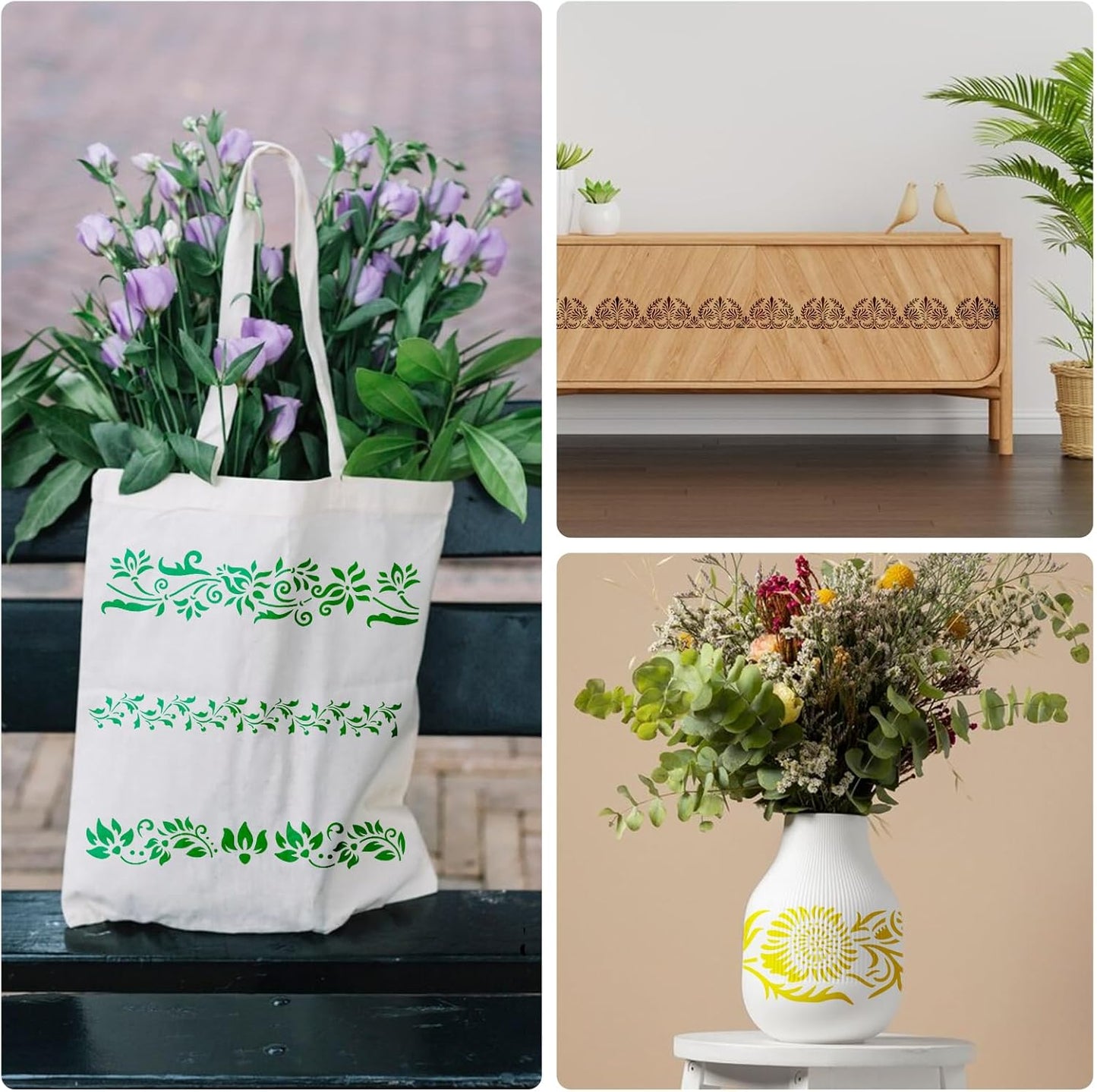 12 Pcs Large Flower Border Stencils for Painting, Reusable Plastic Floral Edge Baking Decorating Vine Stencil Tool, Painting Templates for DIY Cake Wood Wall Tile Furniture Canvas Craft, 3" x 11.8"