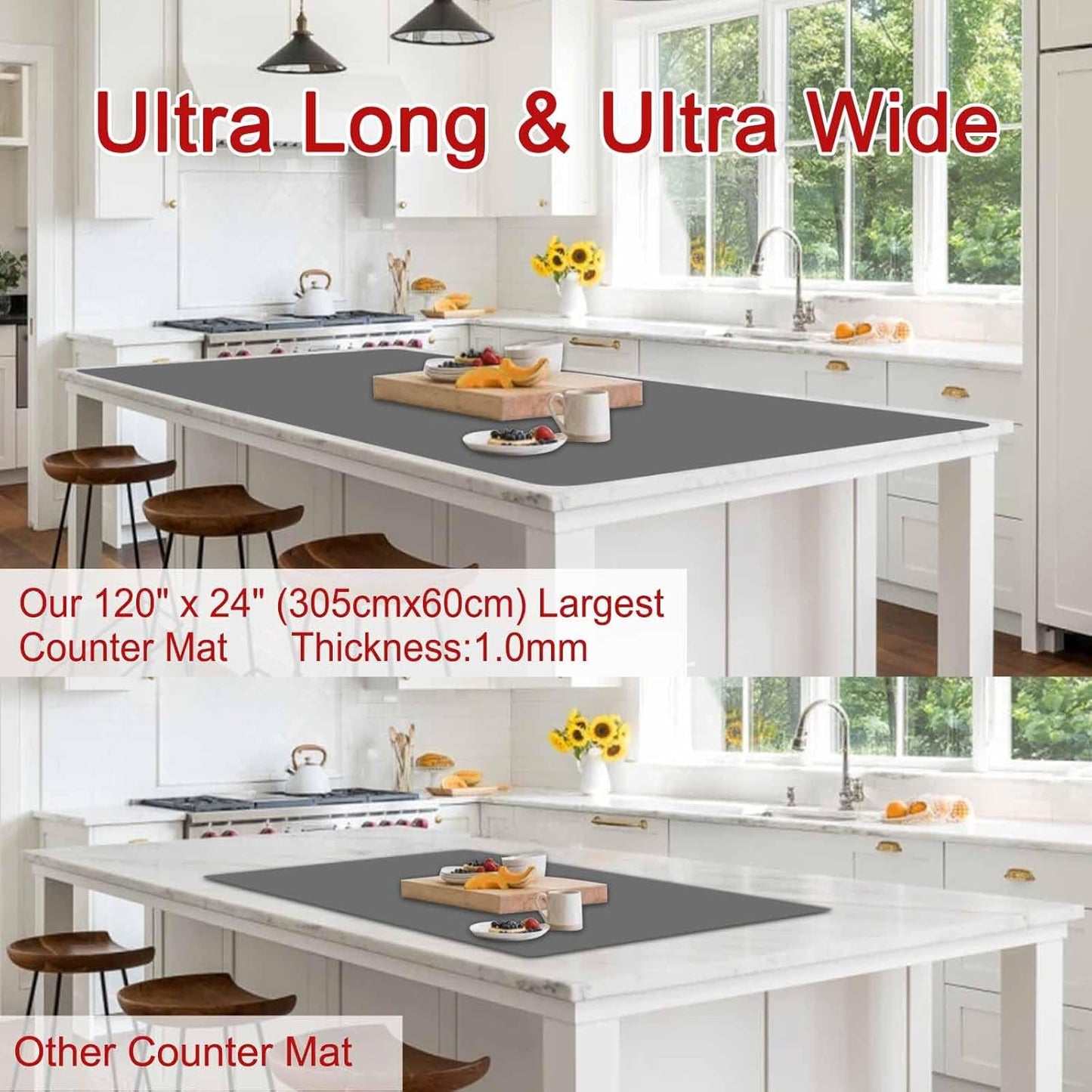 Largest Silicone Mats for Kitchen Counter, 120" x 24" Extra Large Heat Resistant Counter Mat, Kitchen Island Waterproof Thicken Non-slip Countertop Protector Mat, Multipurpose Mats, Light Gray