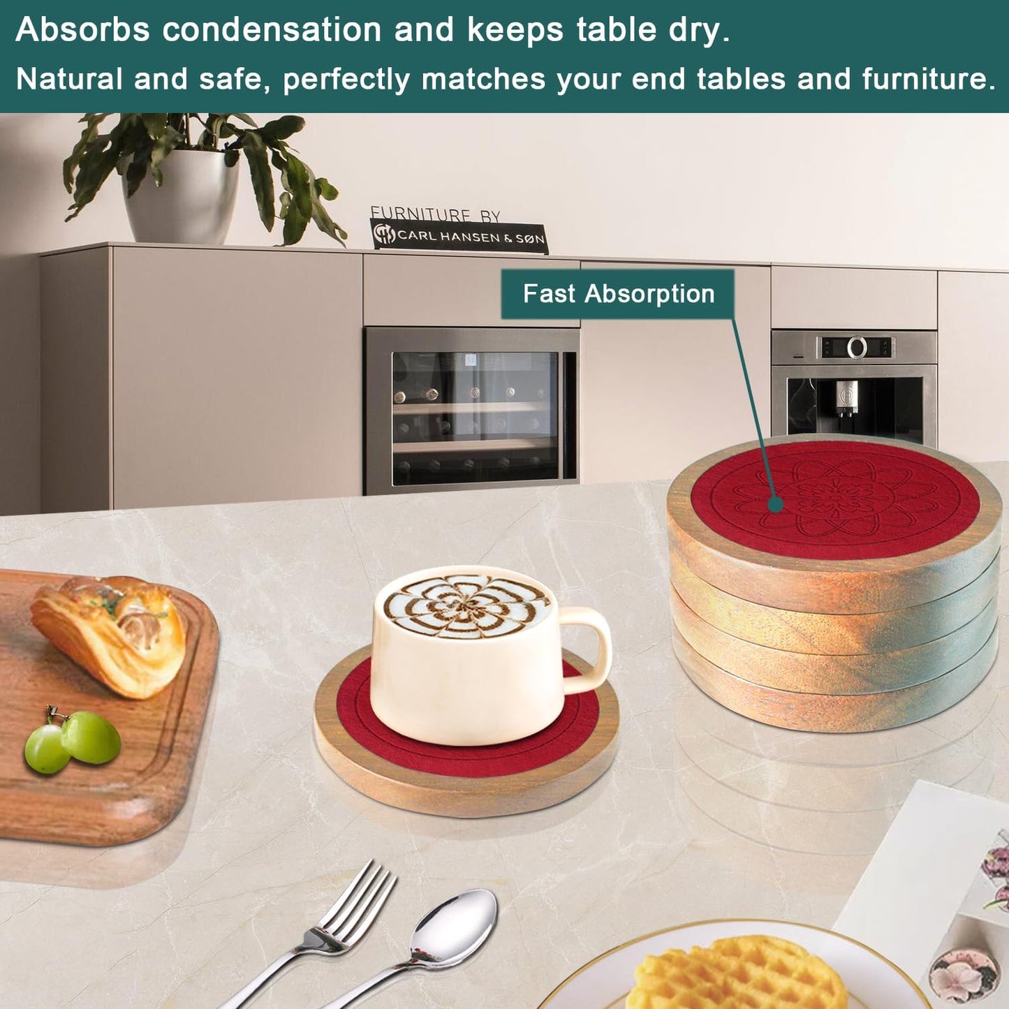 5 Pack Wood Coasters for Drinks, Minacun Absorbent Coaster Set, Drinks Coasters for Coffee Tabletop Protection, Non-Slip, Non-Stick, Suitable for Kinds of Cups Wooden Table Drink, 4.3 Inch Red