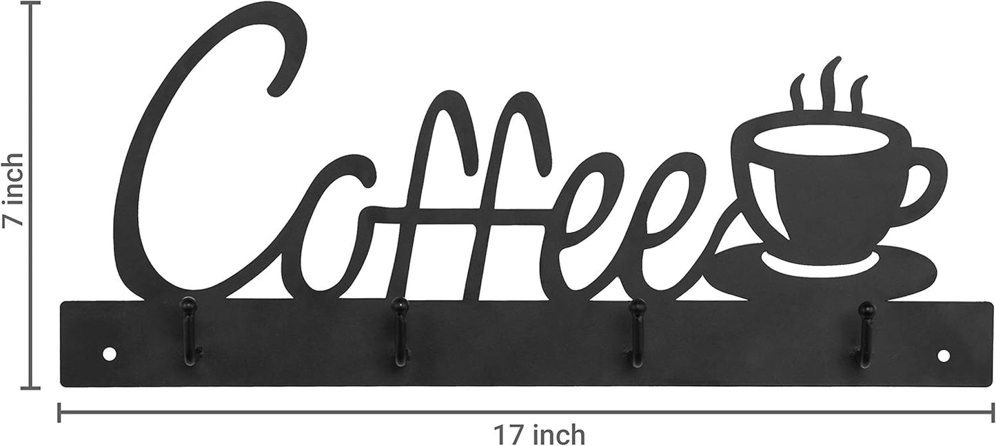 MyGift Black Metal Coffee Mug Rack Wall Mounted Holder with 4 Hooks and Coffee Word Sign and Cup Cutout Design