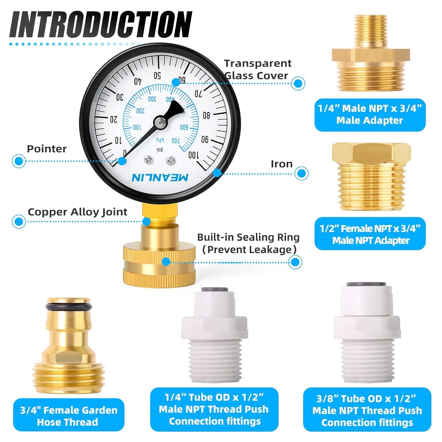 MEANLIN MEASURE 0~100Psi 3/4" Female Water Pressure kit Plus 5 adapters, 2.5" FACE DIAL Multi-Purpose Pressure Gauge kit, Hydraulic Tester,Suitable for Gardens, Water Pipes, etc