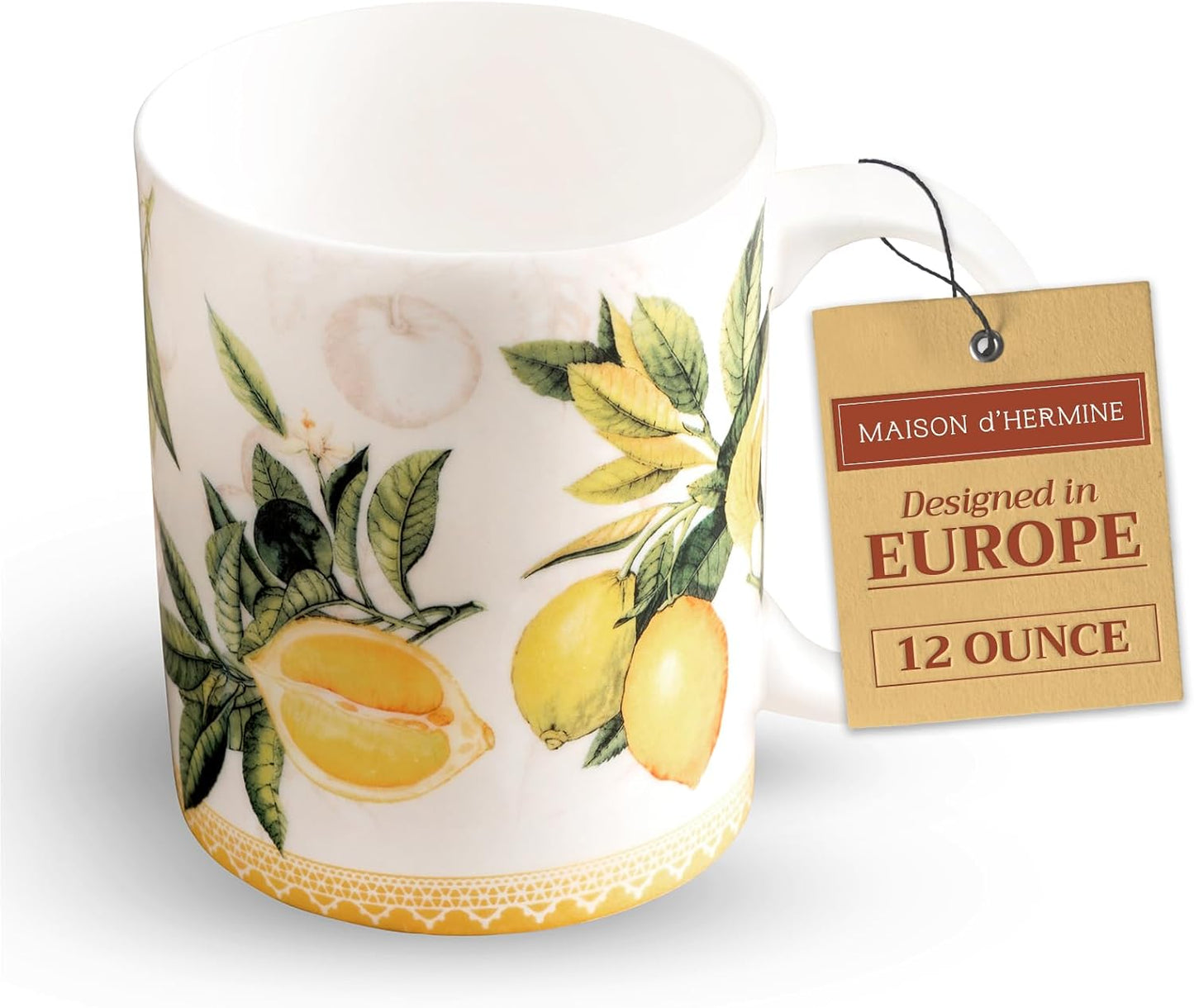 Maison d' Hermine Coffee Mug with Handles Fine Bone China Mugs Pack of One Tea Cups for Hot Beverages Cappuccino Latte Home Restaurant Office Perfect for Gift (Limoncello - Verna, 12 Ounce)