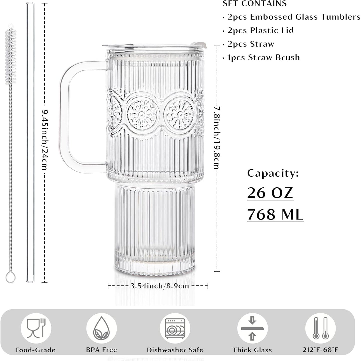 INSETLAN 26oz Ribbed & Floral Glass Tumblers with Handle and Lid, Set of 2 –Reusable Iced Coffee Cups with Straw, Glass Mugs for Water, Smoothies, Tea, and Juice – Ideal for Travel & Daily Use
