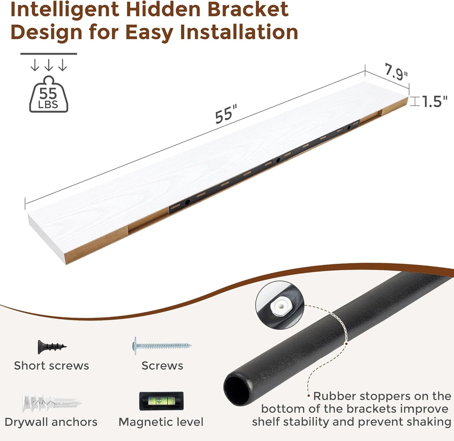 Heimlove 55 Inch Floating Shelves for Wall 8 Inch Deep White Shelves Set of 2,Wall Mounted Rustic Wood Long Floating Shelf，Large Extra Display & Storage Shelf with Invisible Brackets