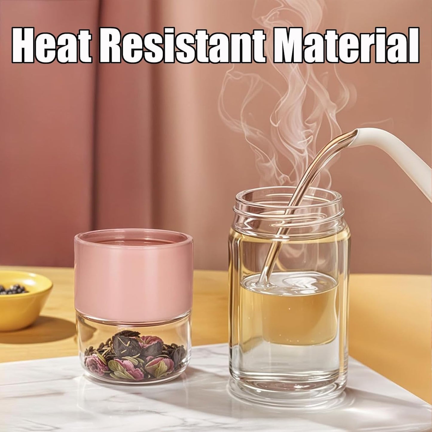 Tryteava Glass Infuser, Tryteava 3-in-1 Smart Tea Infuser, Portable Glass Double Wall Tea Infusers Bottle, with Stainless Steel Filter, Hot & Cold Brew, For Loose Leaf, Office Home (Pink, 350ml)